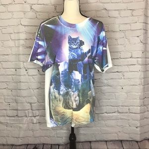 Gildan Cat Print Crewneck Short Sleeve T-Shirt White Purple Blue Gray Large